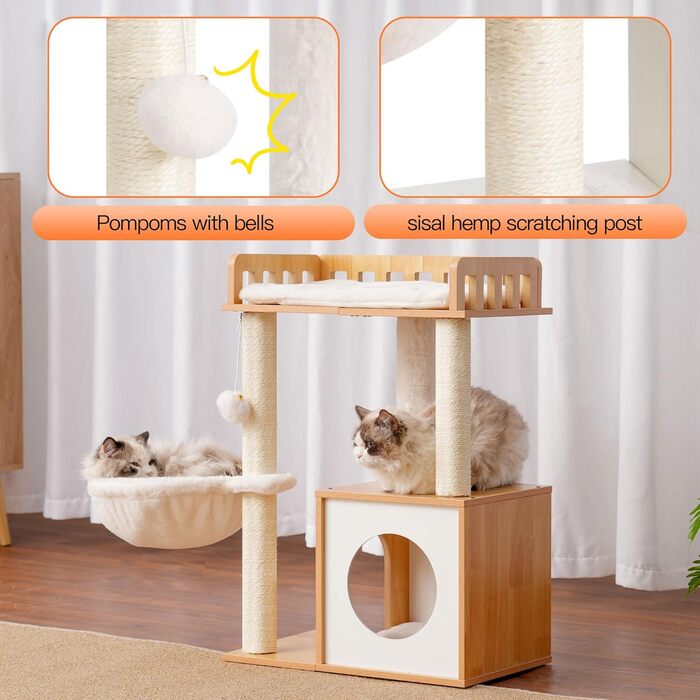 Дерев'яна кігтеточка Heybly HCT007SSR для котів: кігтестоїка-стійка з платформою 30x50 см, будиночком та 2 сизалевими стовпчиками, коричнева