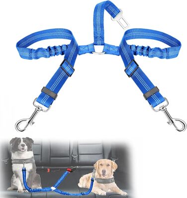 Авторемень для собак у машину, еластичний, з подвійним кріпленням, регульований (блакитний)
