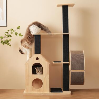 Кігтеточка для котів CareCooo 135 см з 12 стержнів, стабільна, з будиночком, сизаль, захист від перекидання, водонепроникна, для великих котів, коричнево-біла (Натуральний + Чорний + Дерево, XL)