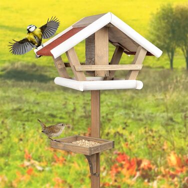 Дерев'яний годівничка для птахів VOSS.garden Birdy зі стійкою, силосом для корму та кормовим столиком, 30 x 48 x 123 см