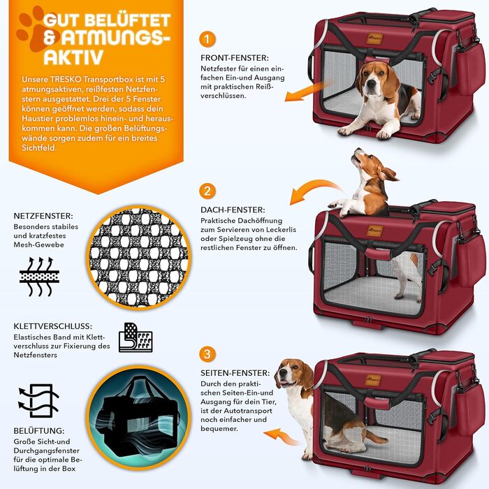 Трейвел-бокс для собак та котів TRESKO® S 50x34x34cm | Розкладний, з підкладкою, лопаткою та світловідбивачами | Для маленьких та великих собак | Червоний