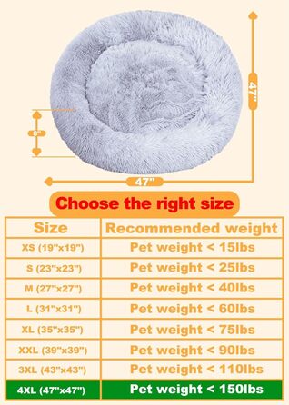 Кругле ліжко для собак та котів, м'яке, 4XL (120 см), сірий колір