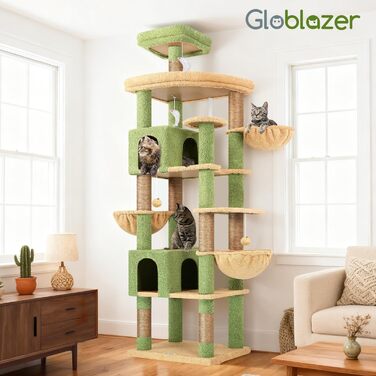 Дерев'яний комплекс для котів Globlazer XXL, 209 см, з 2 будиночками, великою платформою, 3 кошиками, ситцевими стійками, 8 сизалевими стовпчиками для дряпання, стабільний, зелений