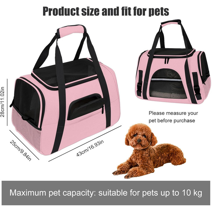 Транспортна сумка для тварин ZSMJAER з підстилкою з флісу, для котів та маленьких собак до 10 кг, рожева