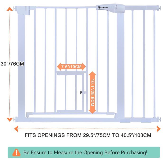 Захист для дверей COMOMY з дверцятами для котів, 75-103 см. Захист для собак та котів без свердління, автоматичне закриття, розширюваний, білий