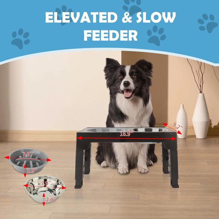 Підвищені годівниці для собак JumeiYoupin - набір з 3 шт. (2 з нержавіючої сталі, 1 для повільного годування) - 5 рівнів висоти - зменшують навантаження на шию - неслизькі годівниці для собак будь-якого розміру та котів