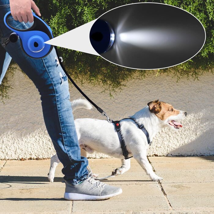 Леєнка для собак MoYouno 8 м з відтягувачем та тримачем для пакетів, синього кольору