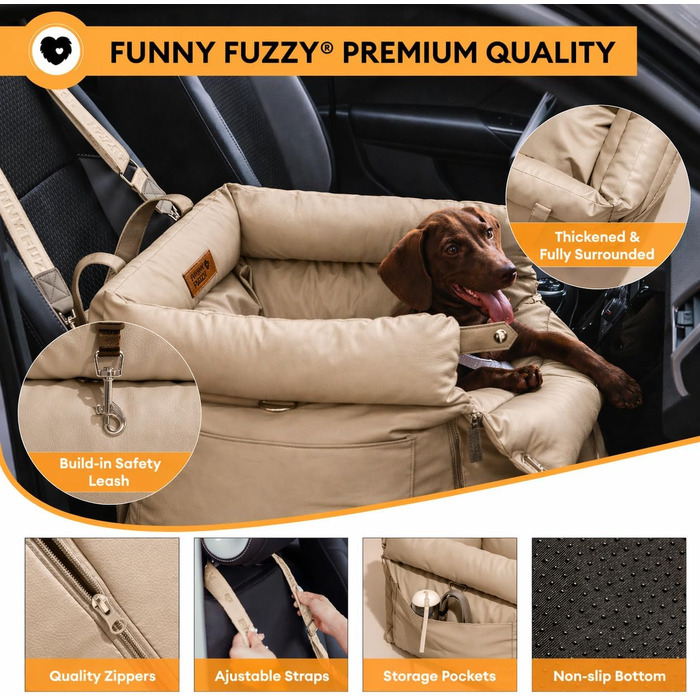 Автокрісло для собак FUNNYFUZZY (Khaki) до 16 кг, водонепроникне, з штучної шкіри, з повідцем та антиковзним дном