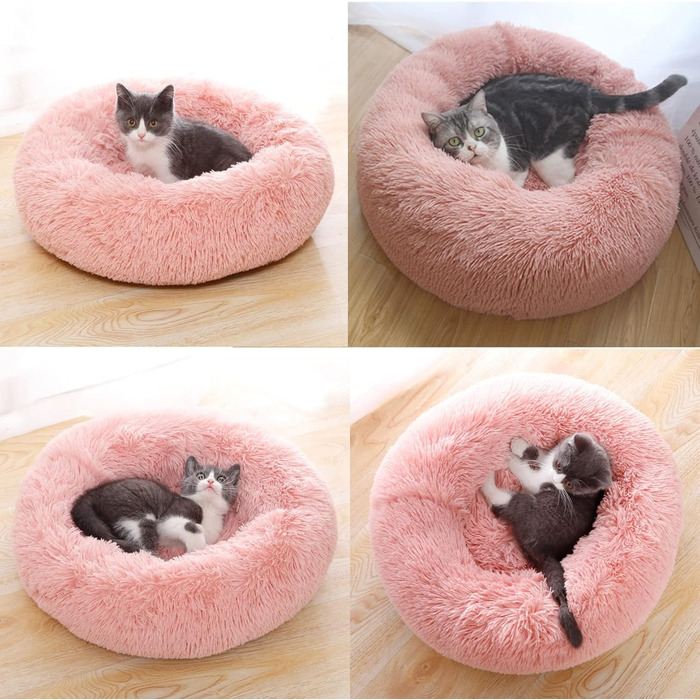 М'яке ліжко для котів та собак: кругле, плюшеве, 70см та 50см, біле та рожеве