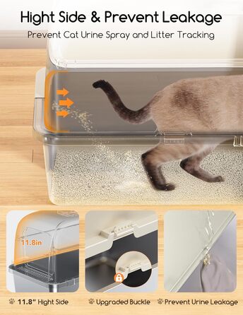 MeoWant котячий туалет із нержавіючої сталі з кришкою, 81 л, велика ємність, знімна тришарова закрита туалетна коробка для котів із високим бортиком, біла