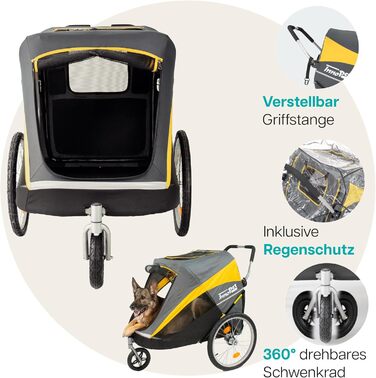 Візок для собак Innopet Hercules 2-в-1 (також велосипедний причіп) жовто-сірий - до 50 кг, з перетворювачем та дощовим покривом, внутрішні повідки, повітряні колеса 45 см