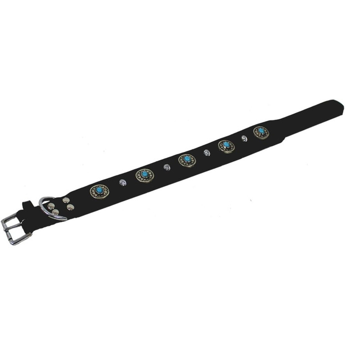 Нашийник для собак MICHUR Alonzo з натуральної шкіри, чорний, широкий, з синіми каменями та заклепками, різні розміри, обхват шиї 33-38 см