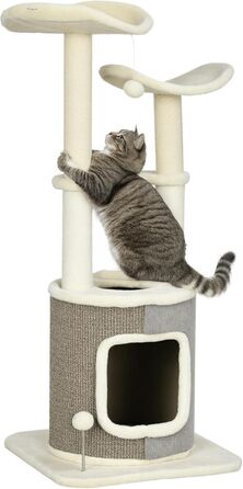 Котячий будиночок PawHut 110 см з когтеточкою, платформою та іграшкою, котячі меблі, кремовий