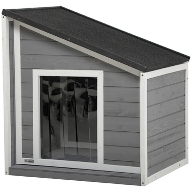 PawHut Dog House Атмосферостійка будка для собаки з ялинового дерева з асфальтовим дахом і дверною шторою сіра 71x58x53/77см для маленьких собак