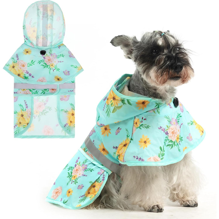 Дощовик для собак Kooltail з капюшоном, зелений (квітка), для маленьких та середніх собак, водонепроникний, з отвором для повідка