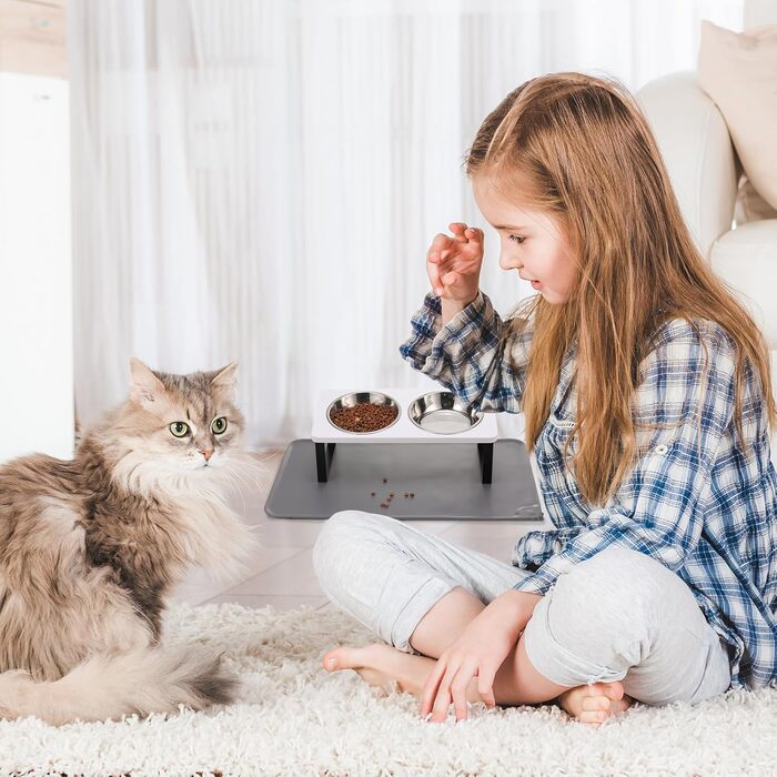 Підвищений годівниця для котів з килимком, нахилений під кутом 15°, миска для їжі та води, що запобігає блювоті, 2 шт. з нержавіючої сталі для котів та цуценят (сірий), 2 миски (білий)