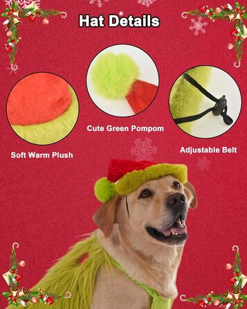 Костюм для собак з новорічною шапочкою, для собак та котів, костюм на Хелловін, костюм для маленьких, середніх та великих собак, розмір 4XL, зелений, обхват грудей 88 см