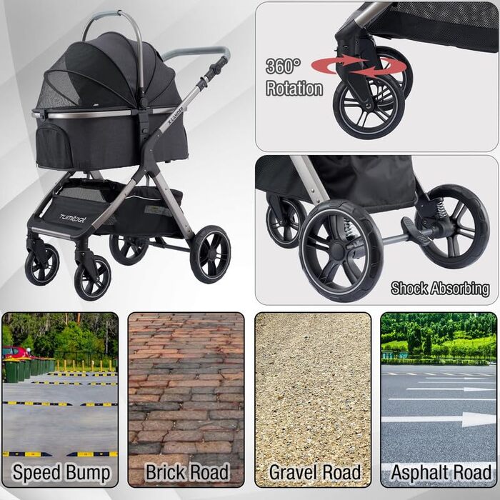 Візок для тварин для маленьких та середніх собак, котячий візок, система подорожей, чотириколісний візок для собак з пеленатором, вхід на блискавці/тримач для напоїв/кошик для зберігання