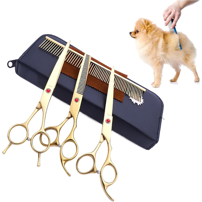 Набір професійних ножиць для грумінгу собак (7 шт.) | З нержавіючої сталі | Ножиці для догляду за тваринами [Золотий]
