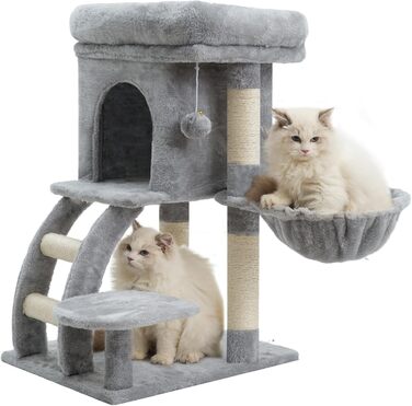 Кігтеточка Heybly Kratzbaum 75 см: кігтеточка-вежа з платформою, будиночком, гамаком, драбиною та іграшками для котів, сірий колір, HCT009SM