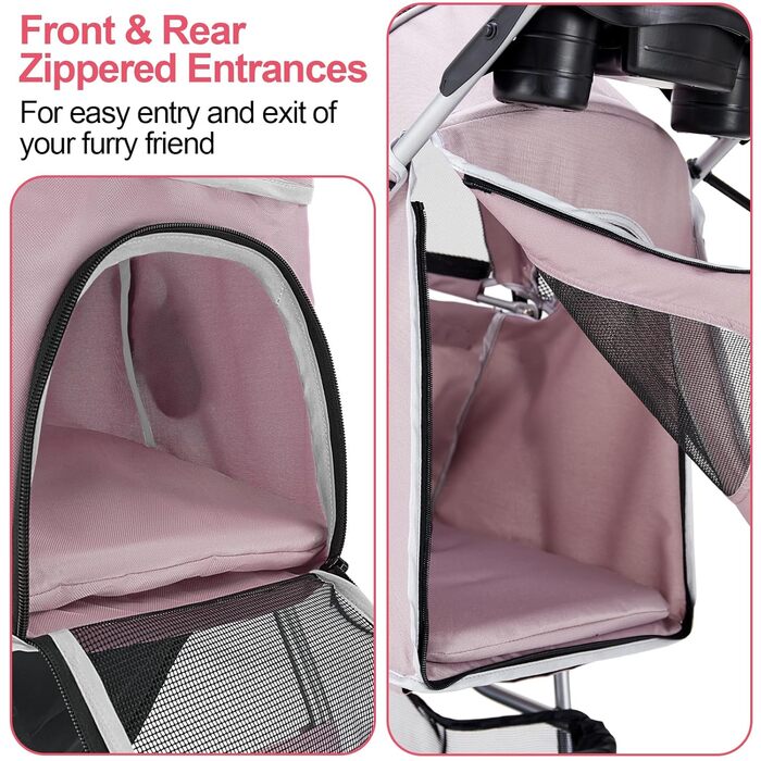 Візок для собак до 15 кг, складний, з кошиком для зберігання, сіткою, захистом від дощу, рожевий