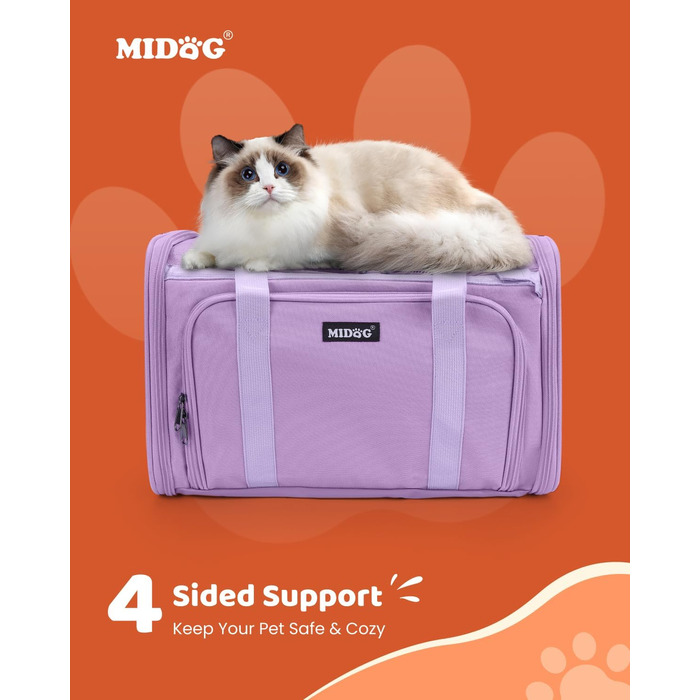 Транспортувальна сумка для котів та маленьких собак MIDOG, м'яка, TSA-сертифікована, для подорожей літаком, під сидіння, з розширеним простором та надійними застібками, оливковий/листяний колір