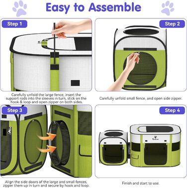 Pawaboo Зручний портативний вольєр для тварин, складаний вольєр для собак з водонепроникного оксфорду, клітка для котів з сумкою, мискою, для цуценят, котів, кроликів, для використання в приміщенні та на вулиці, зелений, M-80×60×55см, (2-в-1 вольєр, A-Біл