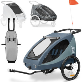 Фahrра-причіп Hauck Dryk Duo Plus Set для 2 дітей з люлькою, тентом та дощем. Складається, з підвіскою та функцією коляски, темно-синій