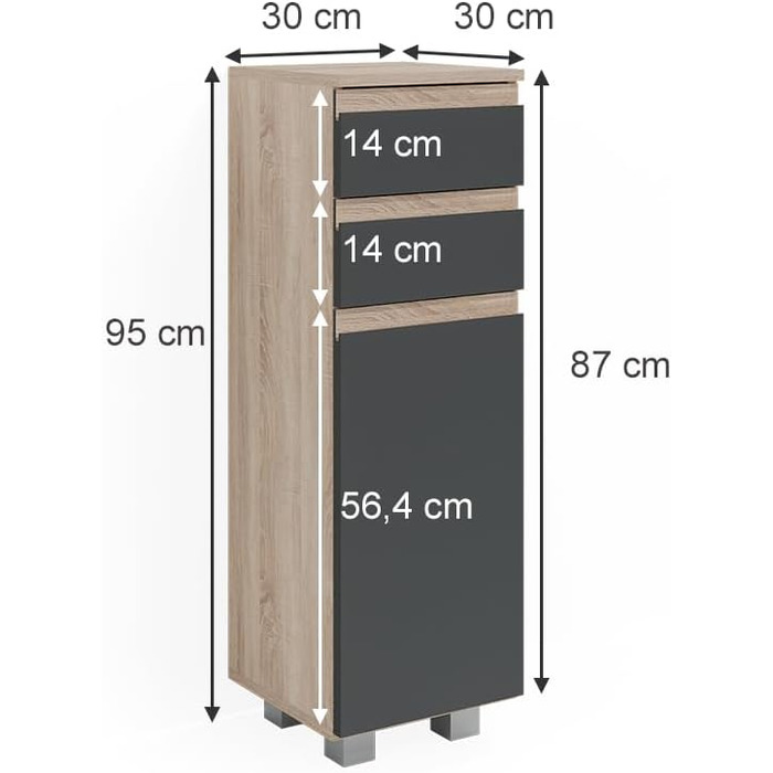 Пенал для ванної Vicco J-Shape, антрацит/дуб сонома, 30x95 см