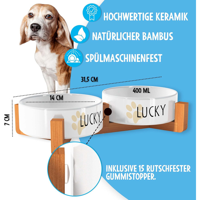 Персоналізована миска для собак OWLBOOK з ім'ям: миска для корму та води з кераміки та бамбука, 300 мл, з лапками