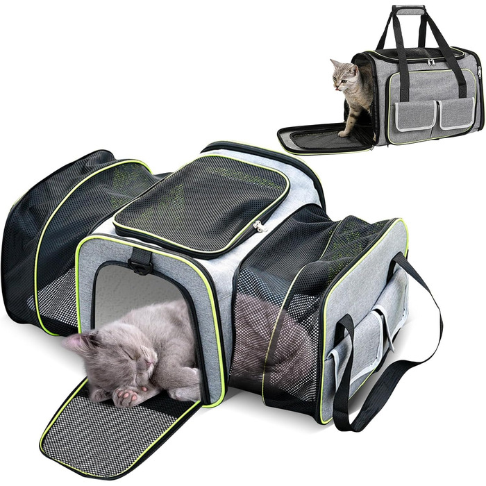 Транспортна сумка для кота PETCUTE, розкладна, з м'яким флісовим ліжком, для собак, з двостороннім доступом, дихаюча, з бічними кишенями, схвалена авіакомпаніями (S, світло-сірий)