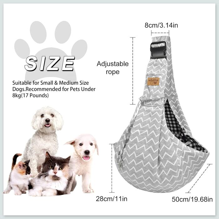 Сумка-переноска для собак Vrbabies, для маленьких собак та інших домашніх тварин до 5 кг, регульована, ідеальна (смугаста сіра, регулювання ремінця)