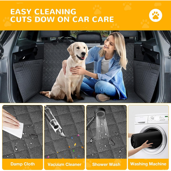 Захист для багажника автомобіля для собак: водовідштовхуючий і стійкий до подряпин килимок з захистом бокових панелей та краю багажника. Легкий у догляді та міцний.