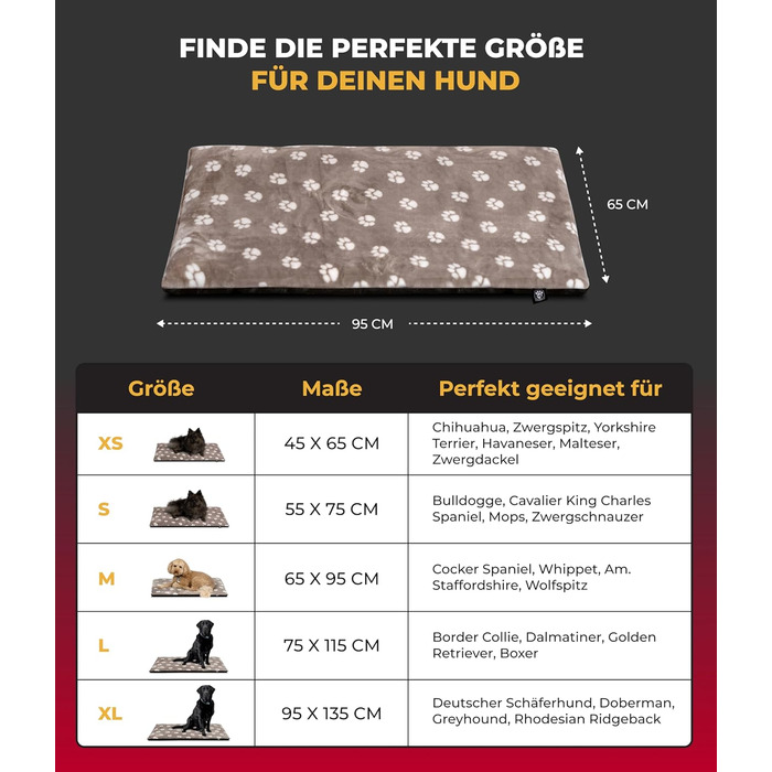 Лежанка для собак HS-Hundebett® XS (45x65 см) – неслизька та затишна, з наповнювачем 3 см – ідеальна для дивану, авто та переноски – Made in DE (65 x 95 см, Tatze Beige)