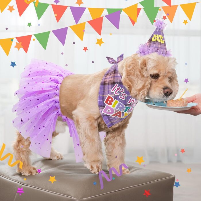 Сукня для собак SCENEREAL на весілля: комплект з банданою, комірцем та короною. Костюм для дівчаток, цуценят, кошенят, середніх та великих собак. Білий колір (Весільний) з фіолетовим клітинкою (для дня народження).