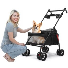Складаний візок для собак з 4 колесами та дихаючою сіткою - Легкий транспортний візок для маленьких собак та котів до 10 кг, з регульованим сонцезахистом, тримачем для напоїв та страхувальним ременем, Чорний