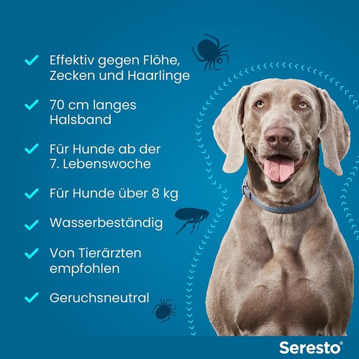 Нашийник Seresto® від Elanco для великих собак (від 8 кг): захист від бліх та кліщів на 7-8 місяців, довжина 70 см, вага 4,50 г + 2,03 г, 1 шт.