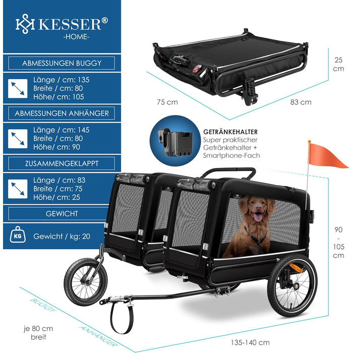 Велопричіп для собак KESSER Boxer 3в1, 240 л, до 40 кг, амортизований, 600D Оксфорд, з підстаканником