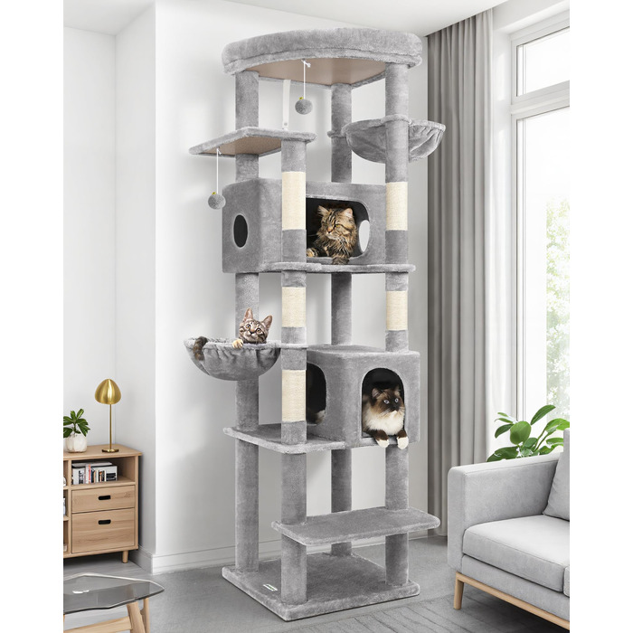 Драбина для котів Globlazer XXL 188 см з великим котячим будинком 50х30х30 см, платформа, 2 котячих будиночків, стабільна, кутова, антиковзаюча для великих котів (S74, сірий)