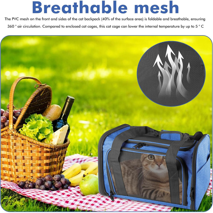 Транспортна сумка для кота та собаки: складана сумка-переноска для кота та собаки, дихаюча переноска з плечовим ременем для автомобіля, літака та подорожей, 40x25x25 см (блакитна)