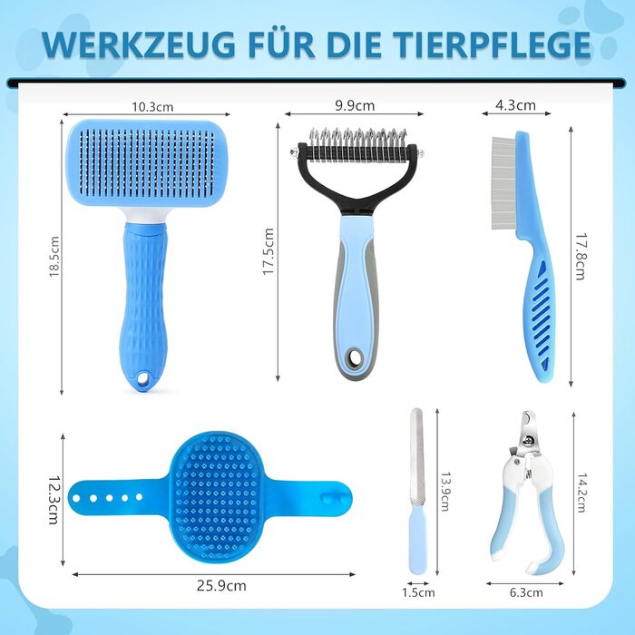 Набір для догляду за тваринами 6 в 1: щітка для собак, гребінець для вичісування підшерстка, тример, гребінець від бліх, щітка для миття | Синій, прямокутний