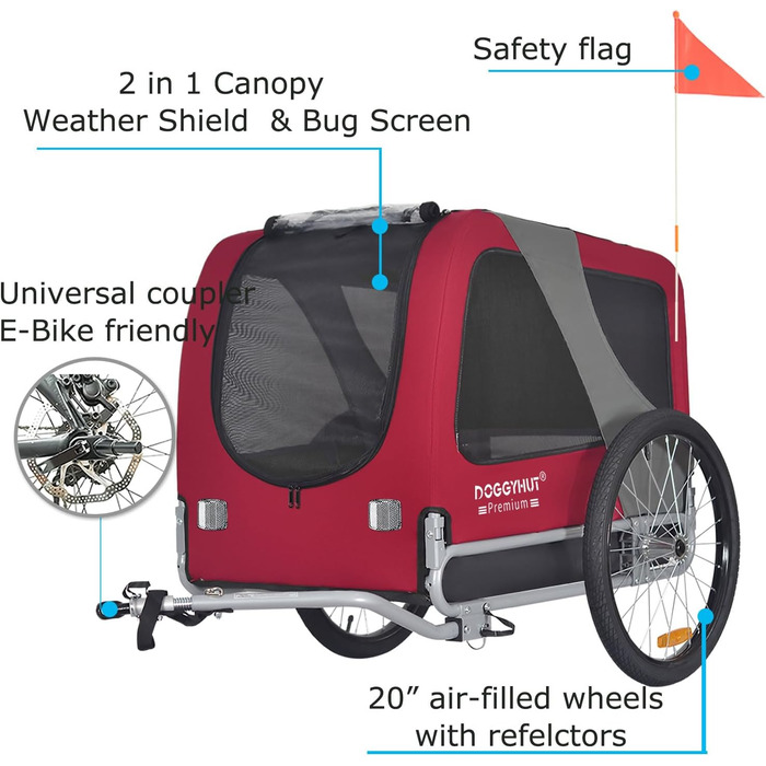 DOGGYHUT® Преміум великий велосипедний причіп для собак об'ємом 270 літрів, підходить для середніх та великих собак (ЧЕРВОНИЙ)