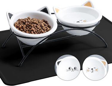 Набір мисок для котів з кераміки з підставкою та силіконовим килимком, 340 мл, нахилені, для котів, кошенят, маленьких собак, білий
