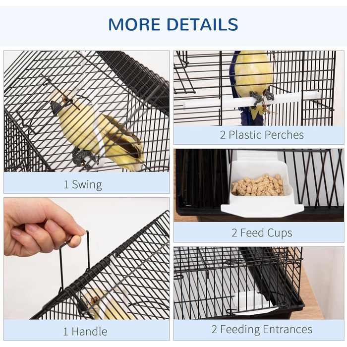 Клітка для птахів PawHut 39x33x47 см, металева, 3 дверцята, 2 годівниці, 2 жердочки, висувний піддон, ручка, для канарейок, чорна