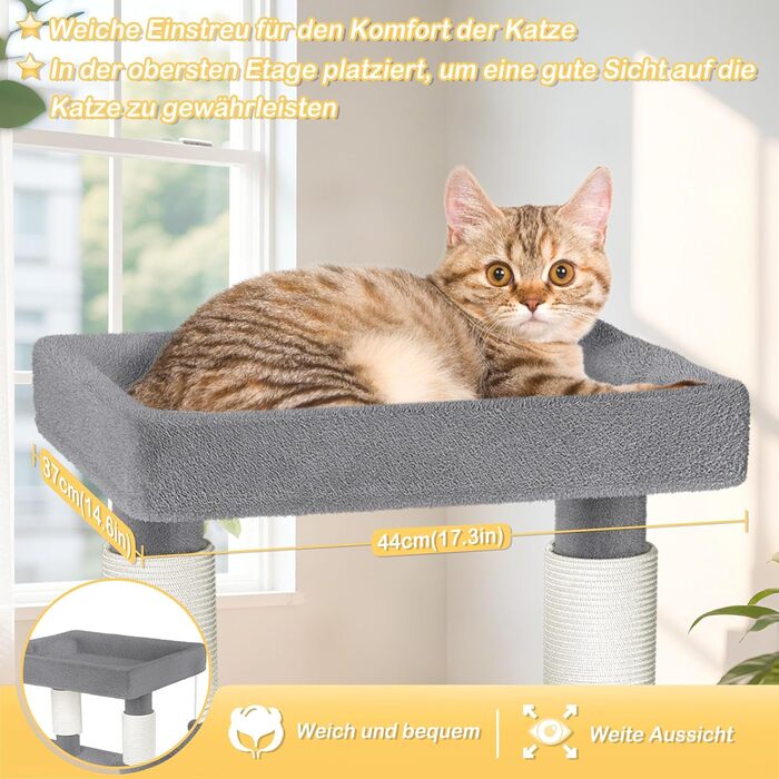 Драбина-кіготь для котів Naizy K1276, сіра, 49x41x93 см - XXL, з сизалевими стовпцями та будиночком