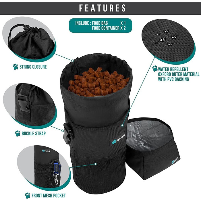 Сумка для корму для собак PetAmi | Сумка-переноска для сухого корму з розкладним набором мисок для води | Контейнер для корму для домашніх тварин для подорожей, кемпінгу, походів, аксесуари (чорний, сірий) Food Bag & Collapsible Bowls Чорний