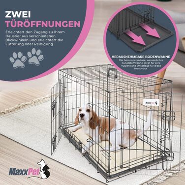 MaxxPet Клітка для собак XL металева, складна, з двома дверима, подушкою та поїлкою, для великих порід, чорна, 107x71x76 см, для дому та вулиці