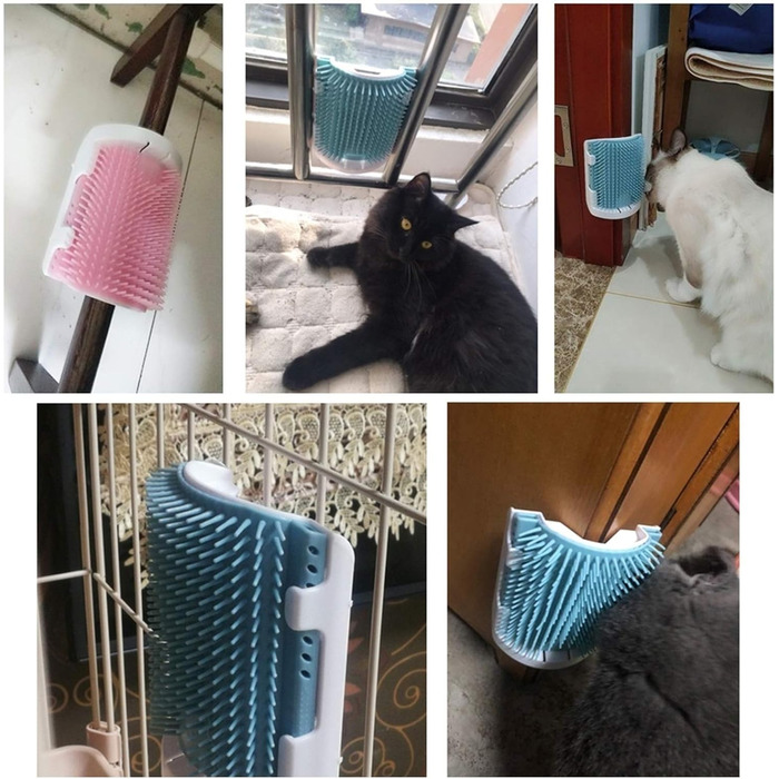 Щітка для котів з самоочищенням, для довгої та короткої шерсті, гребінець та скребок для кутів, безпечна та зручна (блакитна)