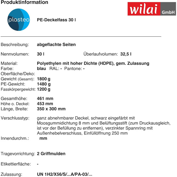 Пластикове відро Plasteo® 30 літрів з кришкою на затискач | Харчовий пластик | Контейнер для корму | Герметичне закриття | Складається в стос та підходить для палет | Міцні ручки | Синій