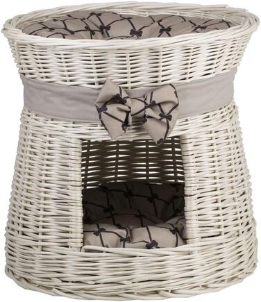 Кругла котяча хатинка e-wicker24 з плетеної лози, двоярусна, з подушкою та стрічкою, котячий турнік (кремово-бежевий)